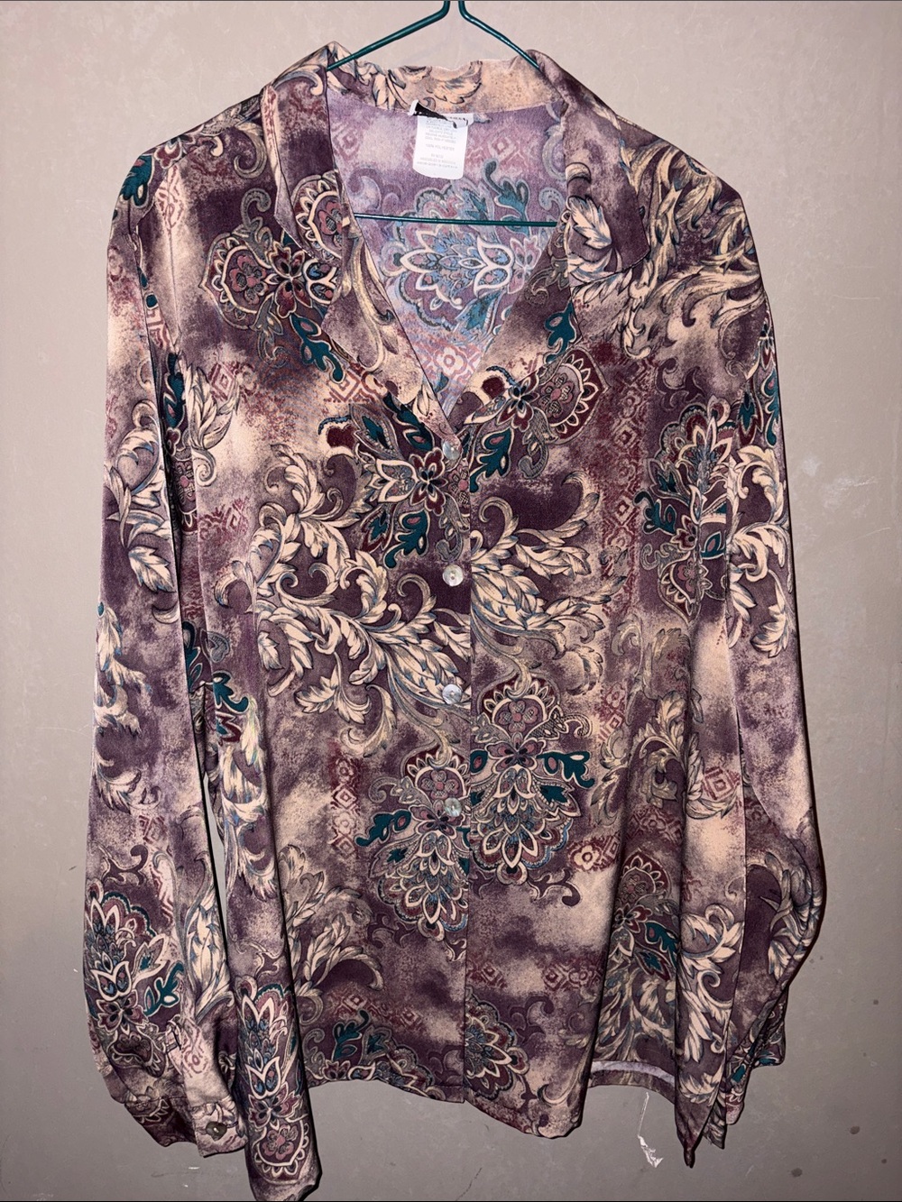 BonWorth Paisley Button-Down Blouse in Mauve and Teal Accents